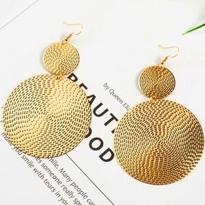 Gold Round Plate Patterned Long Drop Earrings